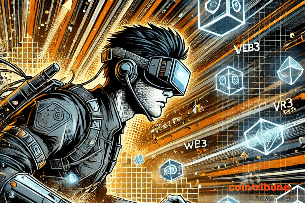 Image illustrating Web3 gaming, with a comic book style and an orange, black and white color palette.