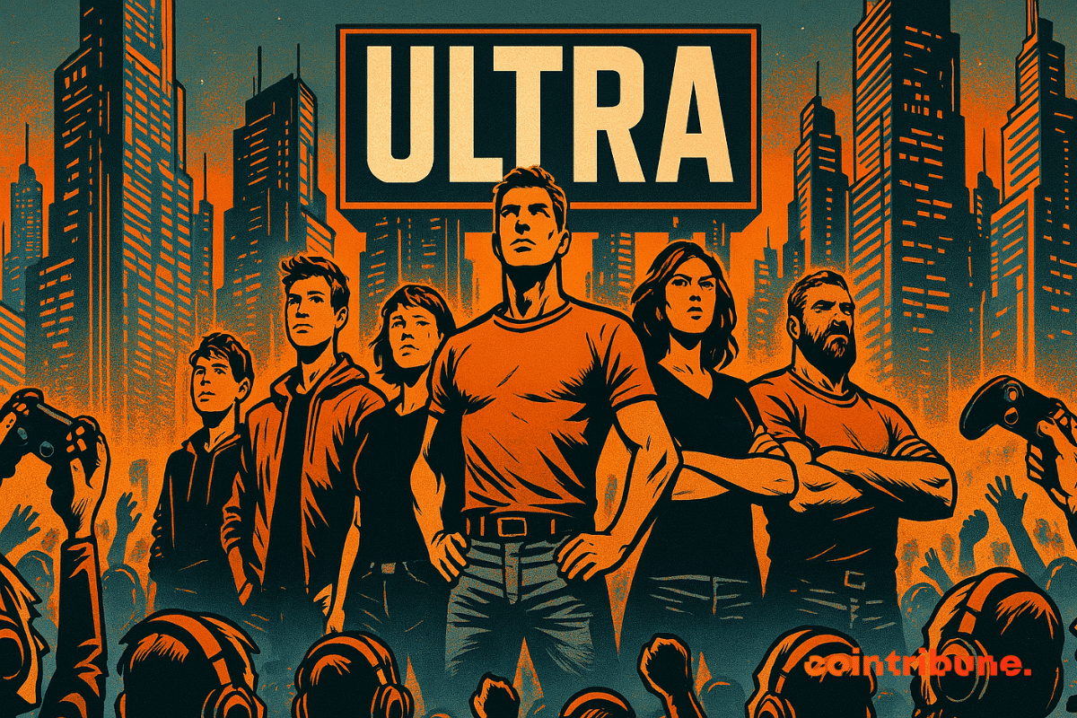 Un equipo de líderes decididos frente a una multitud de jugadores, con el logotipo de Ultra de fondo.