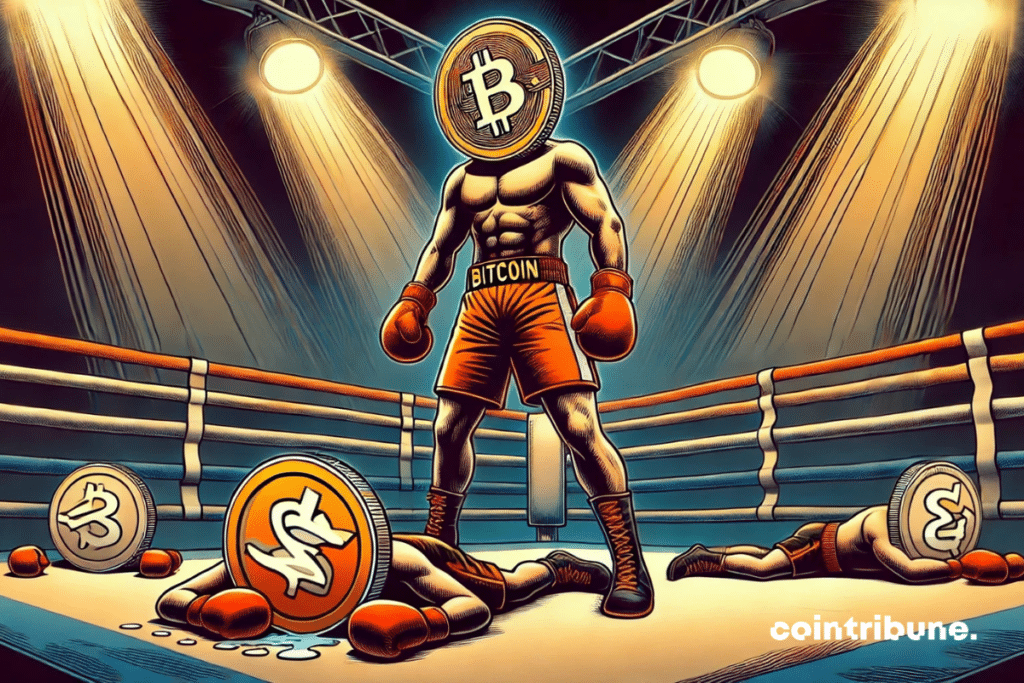 Bitcoin, personnifié en boxeur musclé avec des gants orange, domine un ring de boxe. Les altcoins sont au sol, KO.