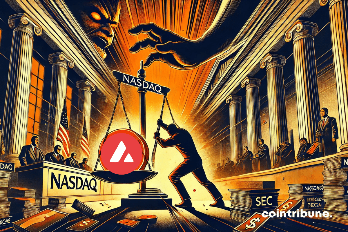 Scène symbolique avec une grande balance de justice au centre. Nasdaq tenant un côté de la balance avec la crypto Avalanche