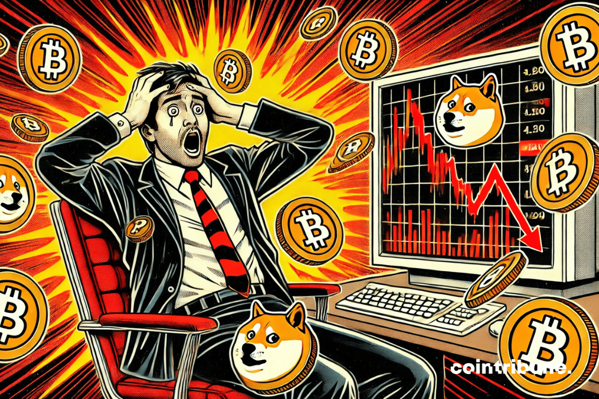 A trader panics as memecoins collapse, in a dramatic atmosphere