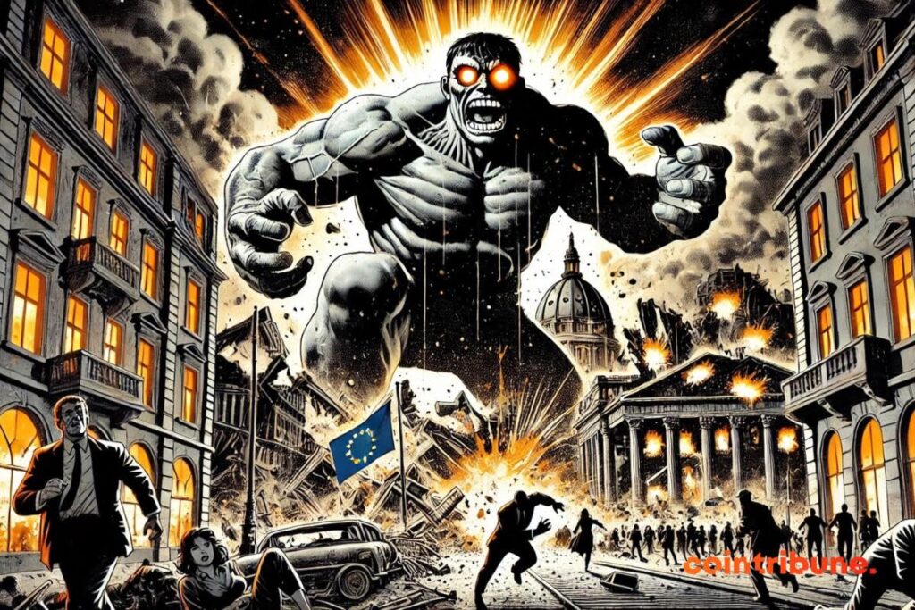 A colossus representing stablecoins destroys Europe.
