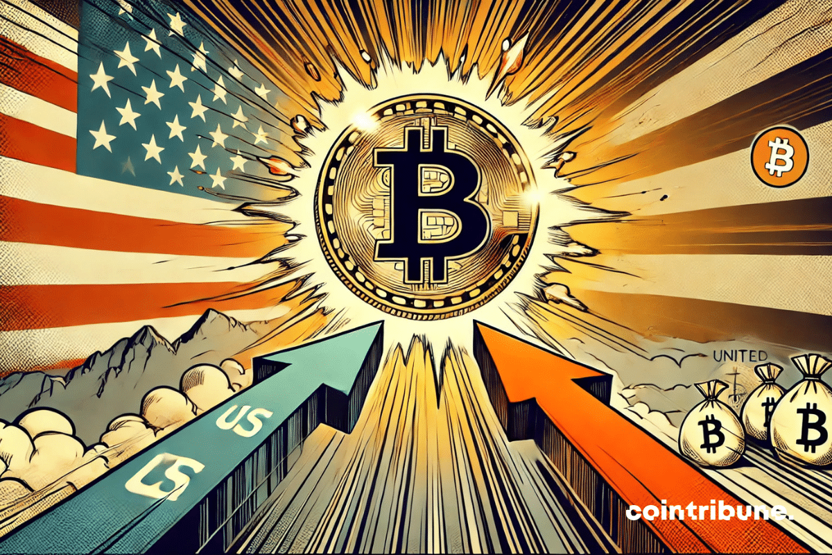 Bitcoin ascending vectors with American flag as background
