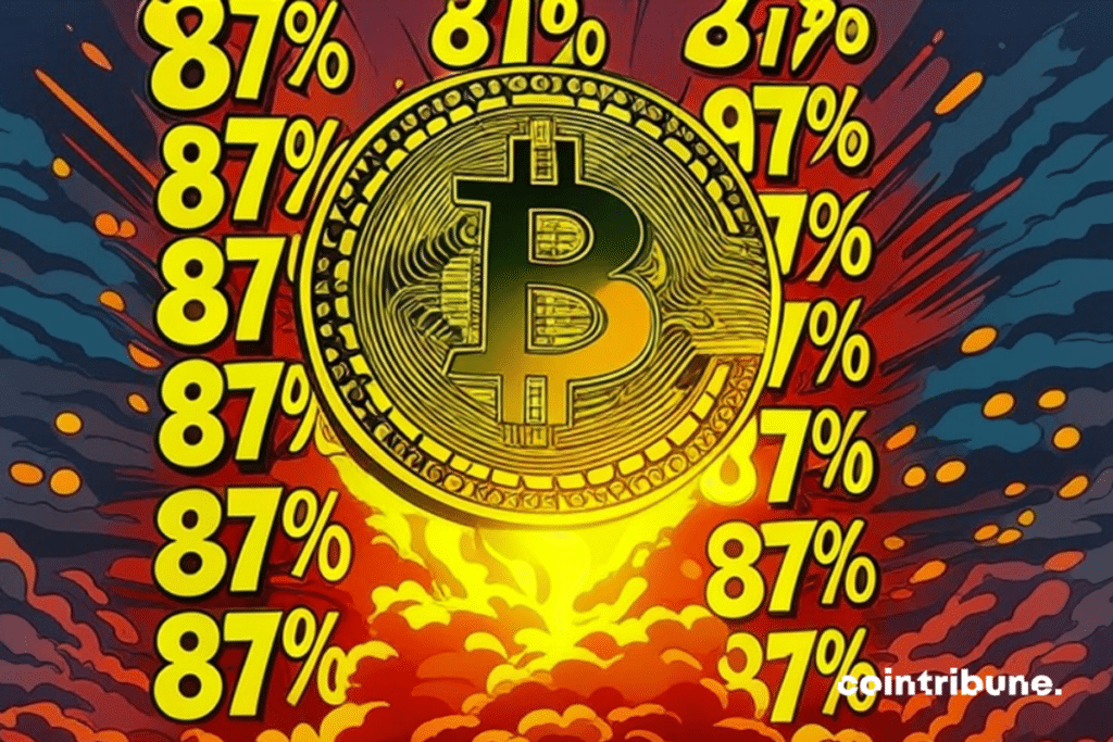 Pièce de bitcoin entourée de chiffres 87 %