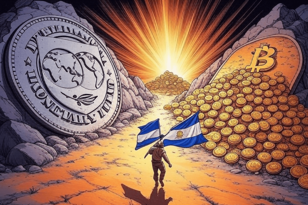 El Salvador flag-waving figure crossing a line between the IMF logo and stacks of bitcoin