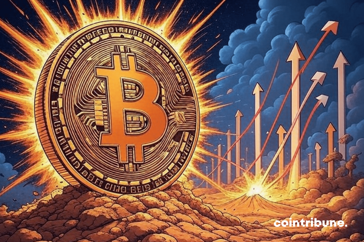 Giant bitcoin coin surrounded by upward-pointing curves