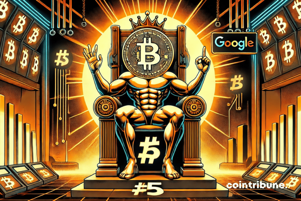 Anthropomorphic Bitcoin sitting on a throne