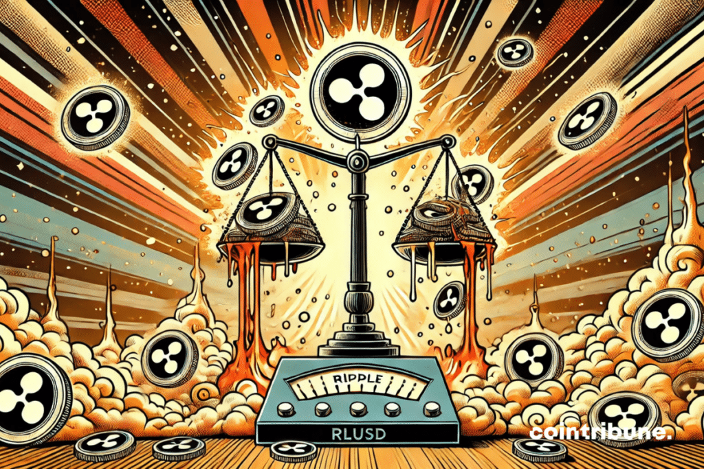 Illustration of a Ripple scale with XRP tokens around it