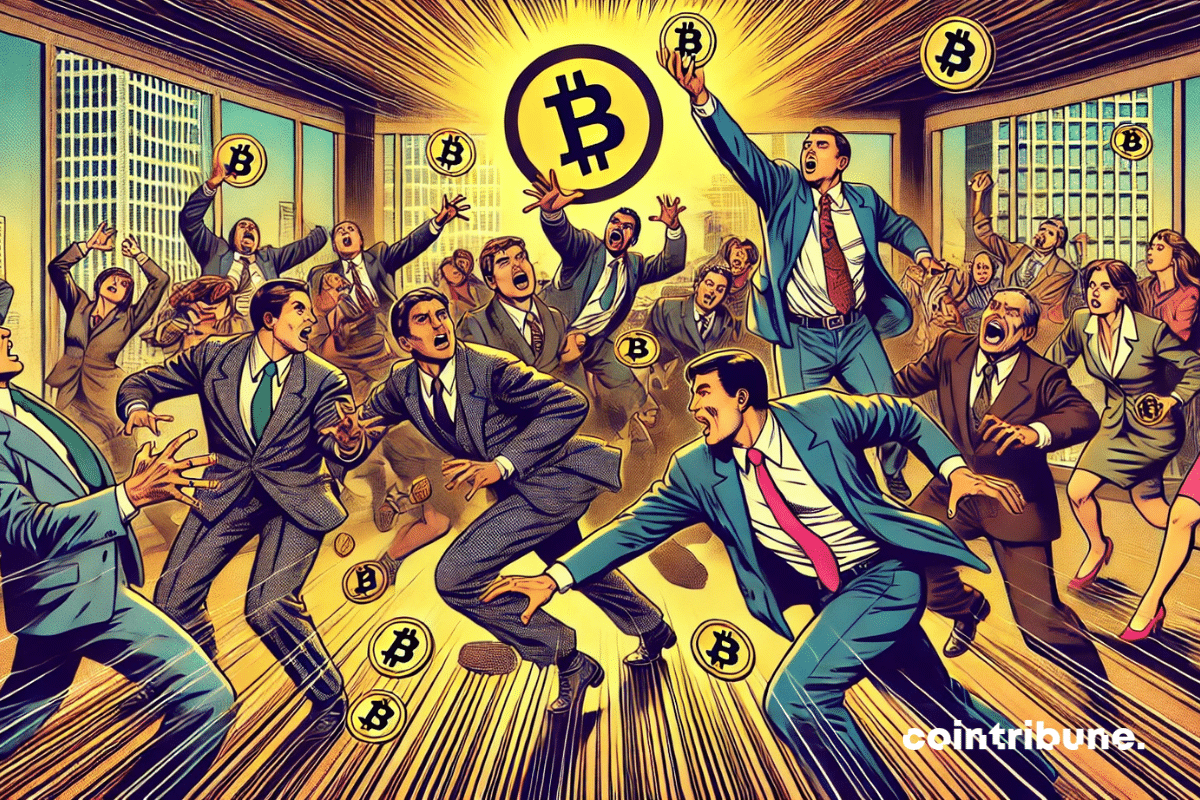 Illustration of companies scrambling to get Bitcoin.