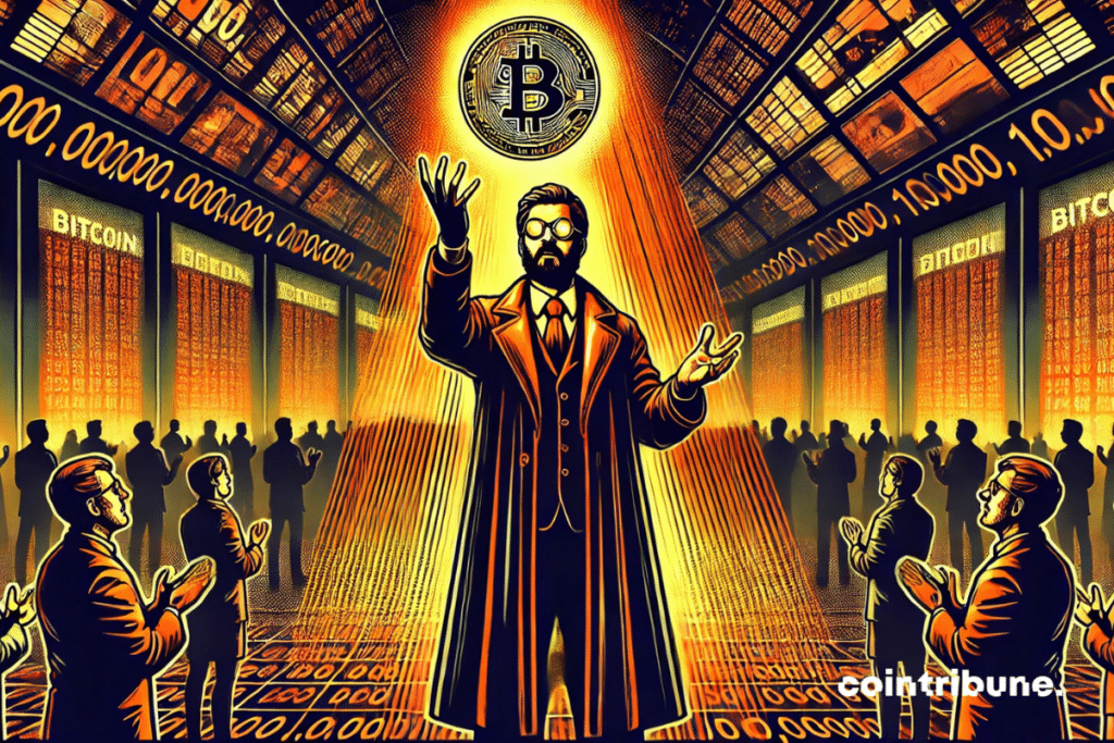 Adam Back is depicted as a tech prophet in a futuristic data center. He holds a glowing Bitcoin from which the number 1,000,000 rises in an orange hologram.