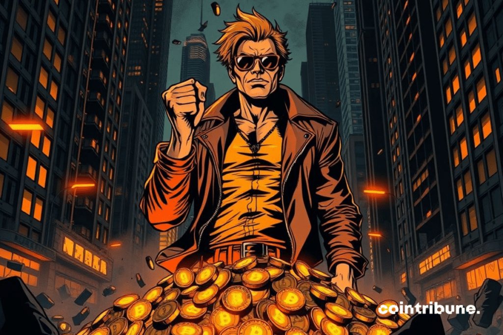 Illustration of a man standing, scanning the trajectory of bitcoin as the dollar crumbles at their feet.