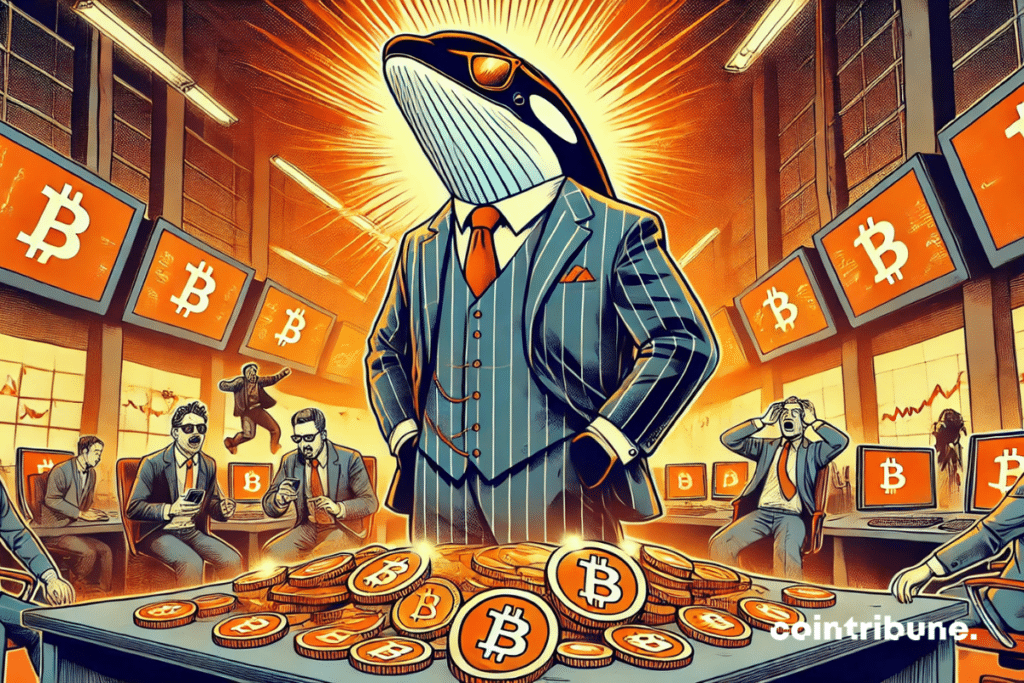 Illustration of the tension and contrast between the calm power of the bitcoin whale and the panic of small holders.