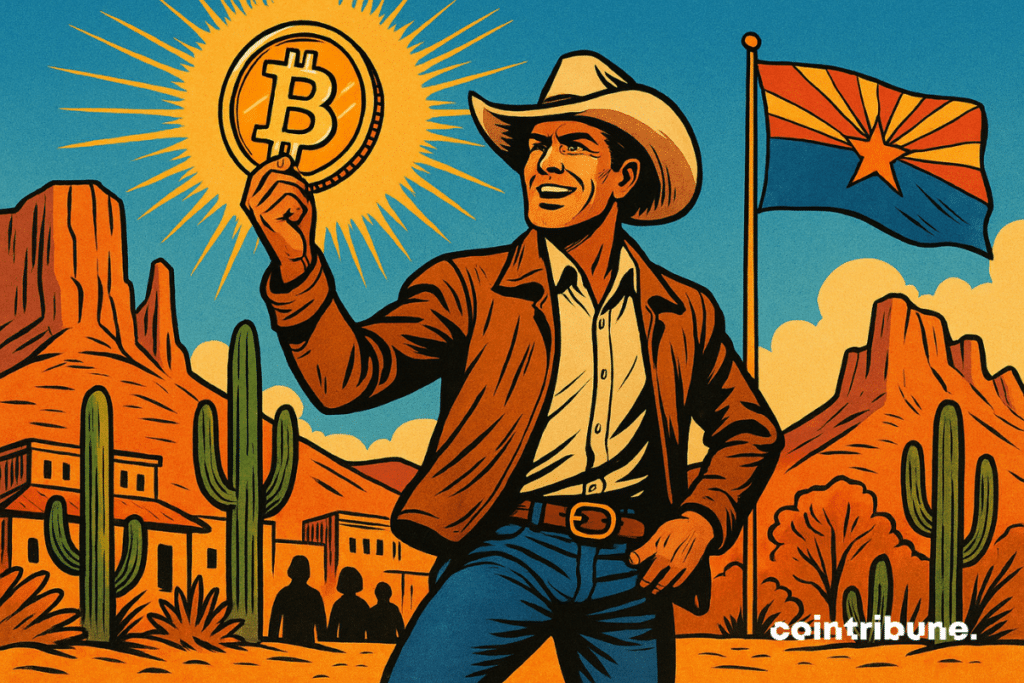 Un cow-boy brandit fièrement un Bitcoin lumineux dans un décor désertique, avec des cactus, des montagnes rouges et le drapeau de l’Arizona en arrière-plan.