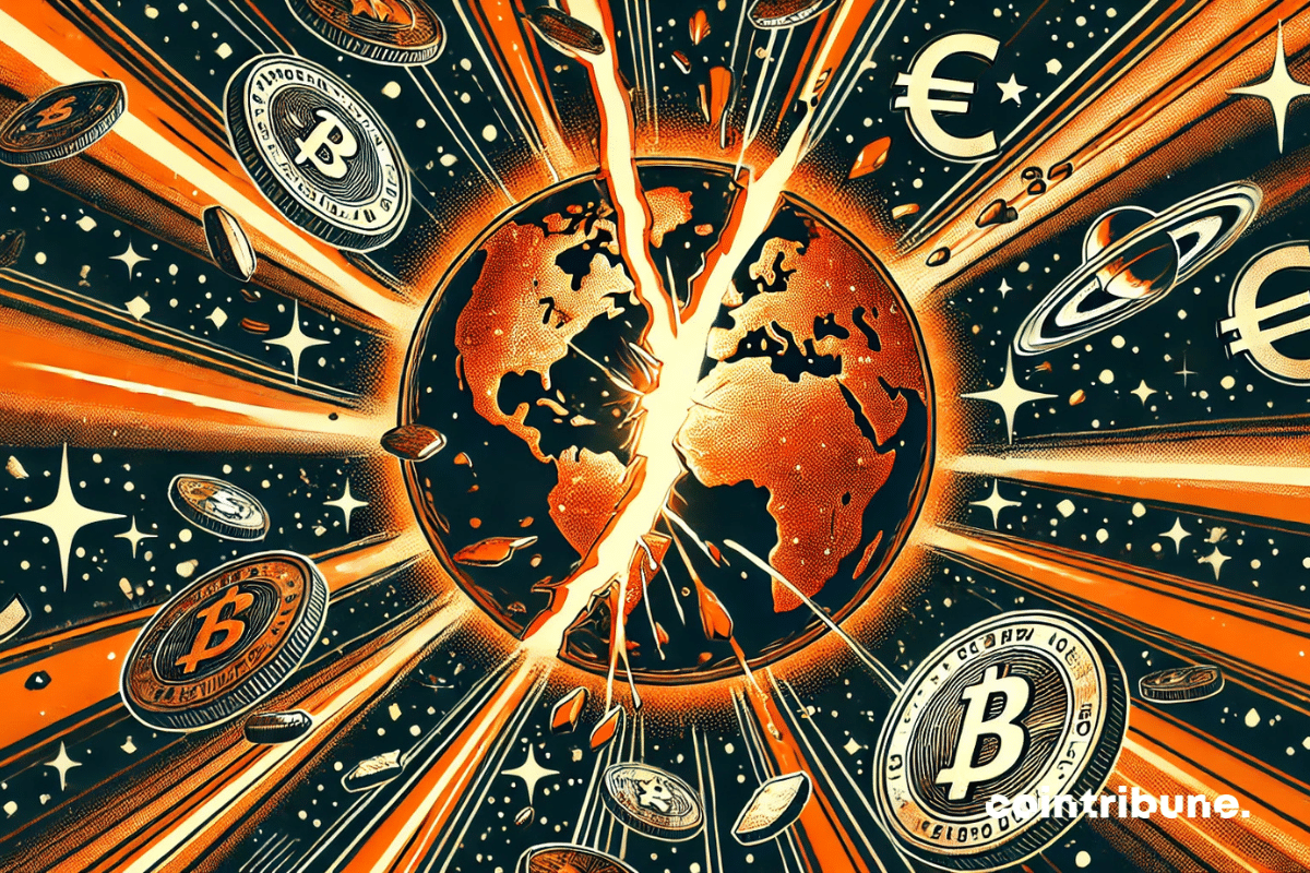 A giant quarter-dollar coin stylized as planet Earth floats in space, viewed at an angle. A bright orange crack runs through it, evoking a global monetary collapse. Around it drift fragments of currency and dislocated economic symbols (€ ¥ ₿), in a deep black void punctuated by white stars. The energetic linework and orange, black, and white palette recall the dramatic intensity of 1970s comics.