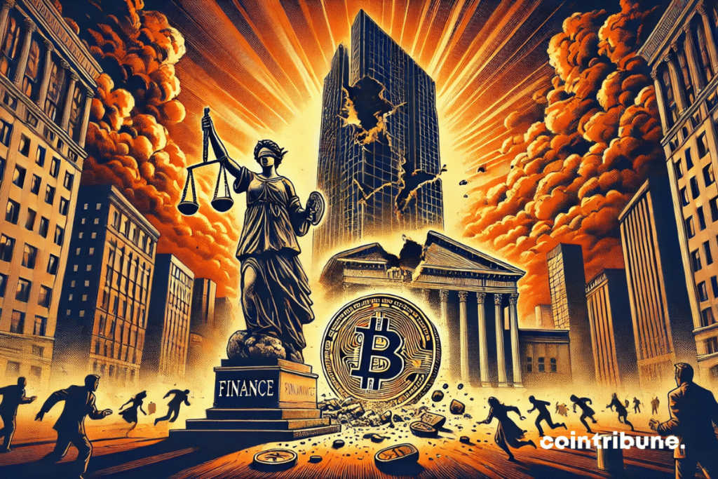Dramatic illustration shows the apocalyptic collapse of a central bank, hit by a giant Bitcoin under a sky on fire