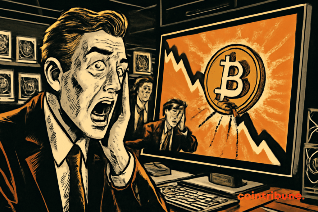 Illustration d'un trader paniqué observe la chute brutale du Bitcoin