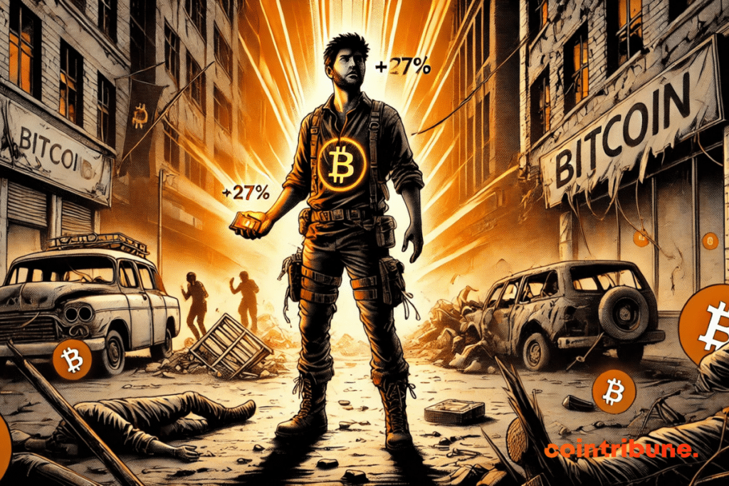 A lone survivor stands in the ruins of a collapsed city, brandishing a Bitcoin wallet showing +27%.