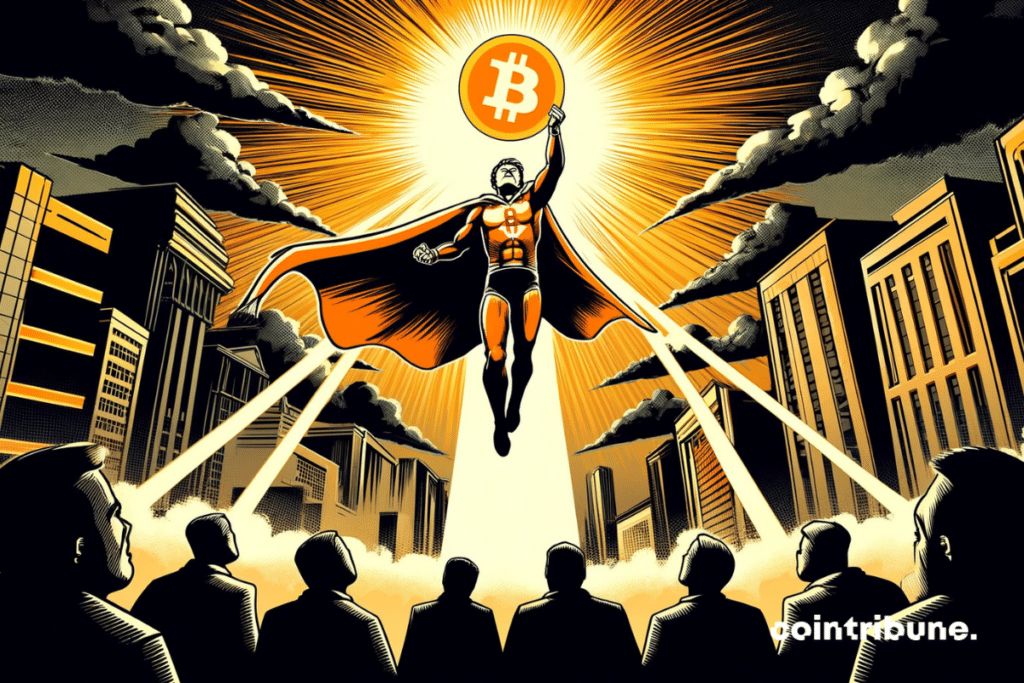 La imagen muestra a un héroe estilizado que representa a Bitcoin elevándose en un cielo tormentoso, sosteniendo un símbolo ₿ resplandeciente sobre él.