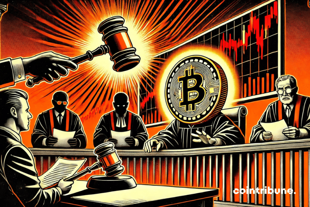 An anthropomorphic bitcoin sits in the dock, visibly overwhelmed.