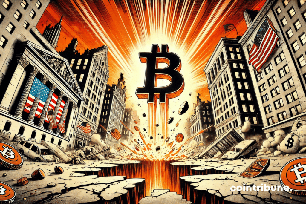 Em uma cena apocalíptica estilizada no estilo dos quadrinhos dos anos 70, um enorme logotipo do Bitcoin emerge do chão rachado, irradiando uma intensa luz laranja. Ao redor dele, prédios financeiros em ruínas desmoronam, símbolos de um mundo econômico em crise. À esquerda, uma bandeira americana rasgada voa de um mastro quebrado; à direita, uma bandeira chinesa esfarrapada faz eco a ela. Ao longe, um avião de carga despenca em um céu atormentado. O forte contraste entre as sombras escuras e os flashes de luz acentua a ideia do Bitcoin triunfante em meio ao caos global.