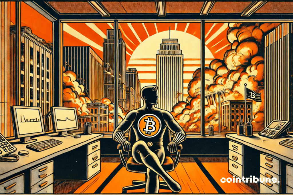 Illustration d'un personnage humanoïde représentant Bitcoin, regarde sereinement par une large baie vitrée. À l’extérieur, Wall Street s’effondre.