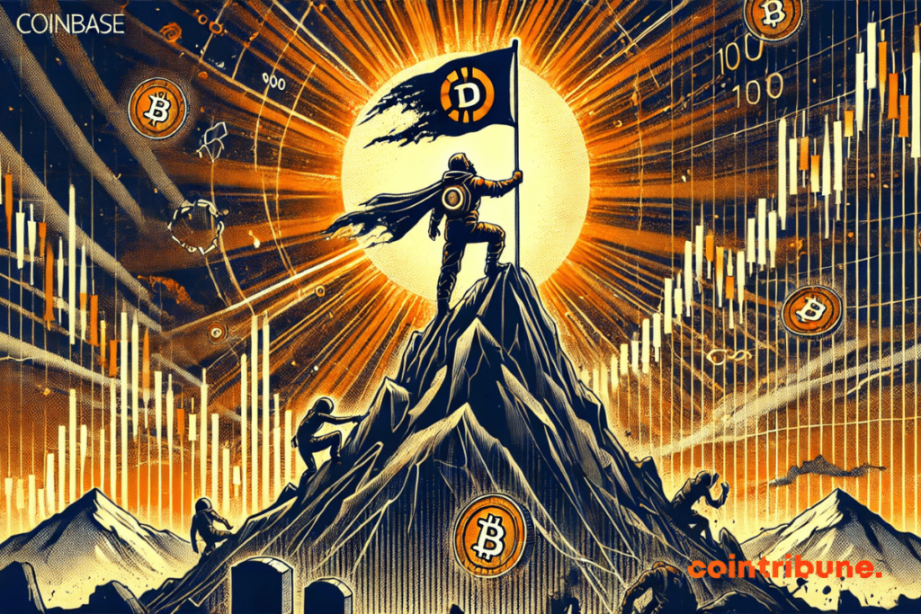 A stylized hero embodies Coinbase climbing a peak of shattered crypto charts, holding a "100" flag.