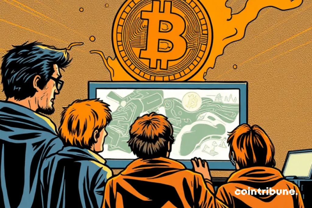 The image shows three figures in front of a computer screen displaying a large, bright Bitcoin logo.