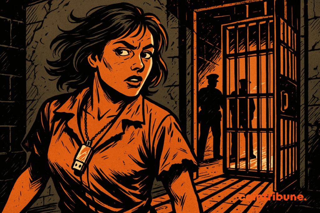 Illustration d'une femme en tenue de prison orange, clé USB crypto au cou, s'échappe d'une cellule éclairée en orange sous le regard de gardiens en ombre.