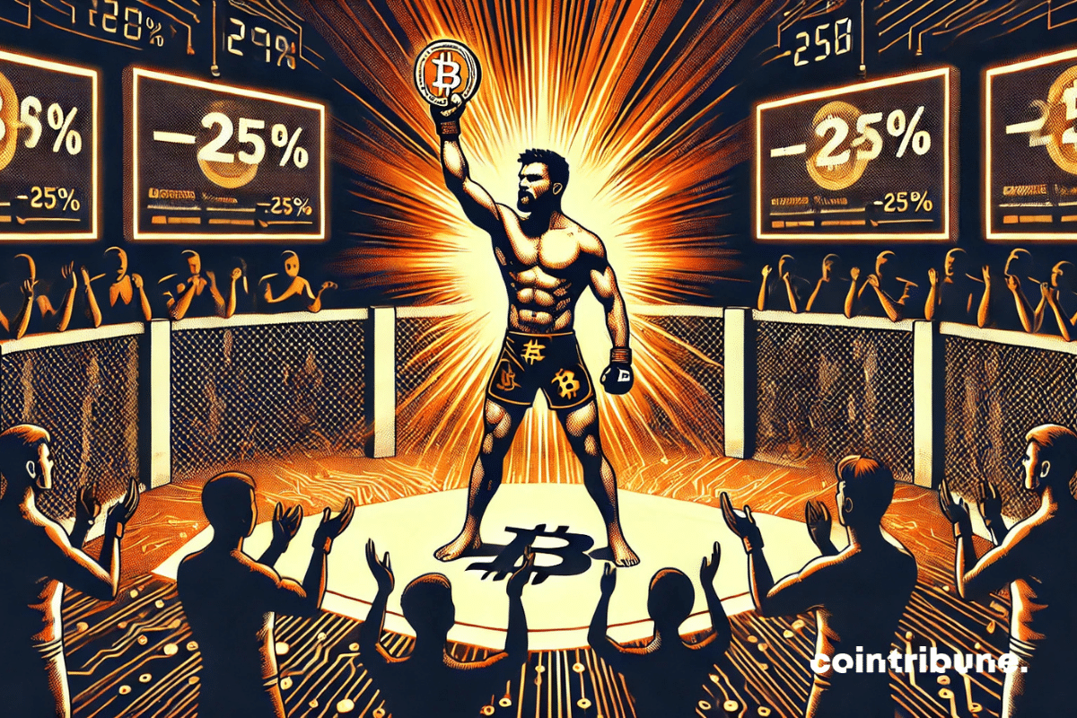 A bare-chested, muscular fighter screams victory from the center of a digital octagon. He brandishes a bright orange crypto token