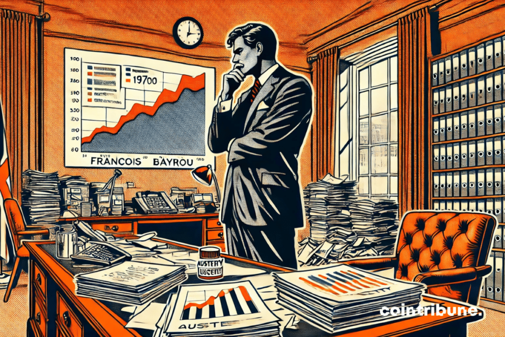 Ilustração de um François Bayrou pensativo, tendo como pano de fundo a crise econômica francesa