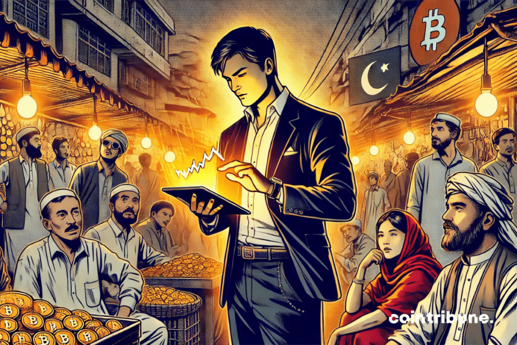 Ilustração de um especialista em criptografia no centro de um movimentado mercado paquistanês.