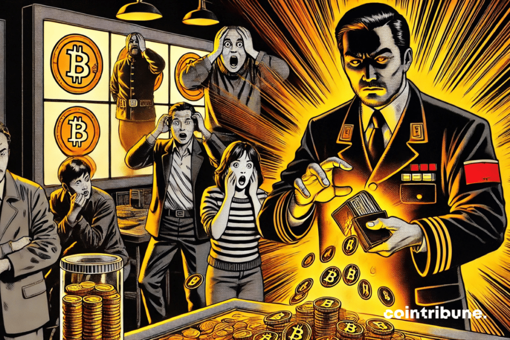 Illustration featuring China secretly selling its cryptos, with traders astonished by the transaction.