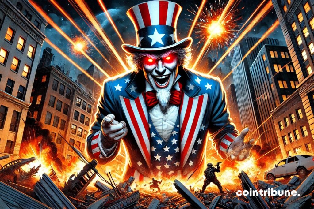 Uncle Sam destroying everything in his path. Representing the recession caused by Donald Trump, announced by JPMorgan