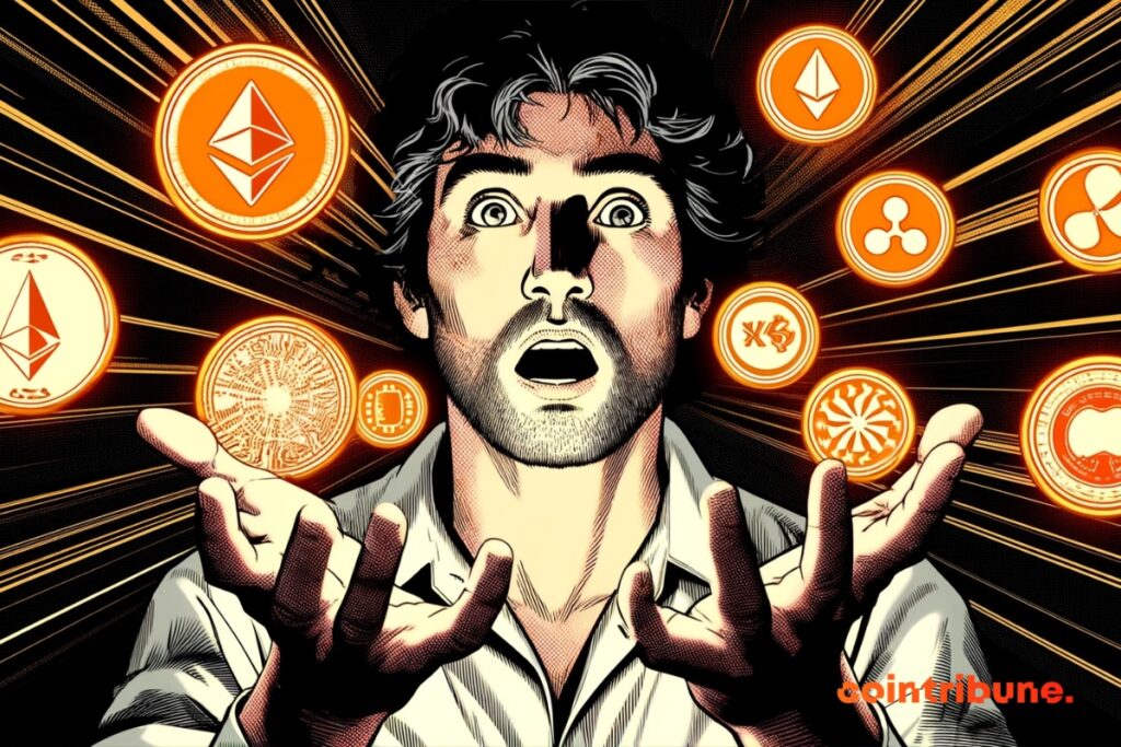 A shocked investor with Altcoins in hand.