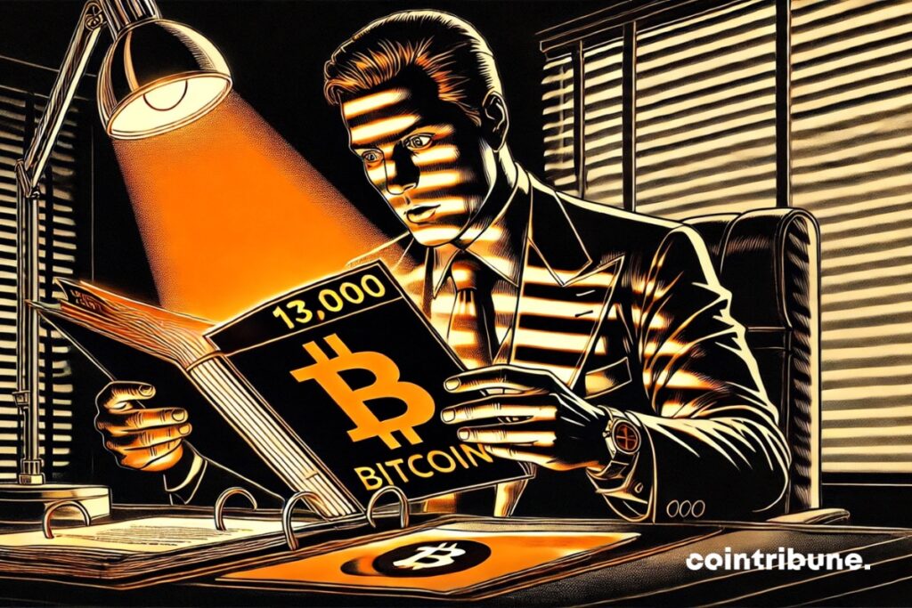 Strategy representative Michael Saylor looking at the register containing 13,000 bitcoin investors.