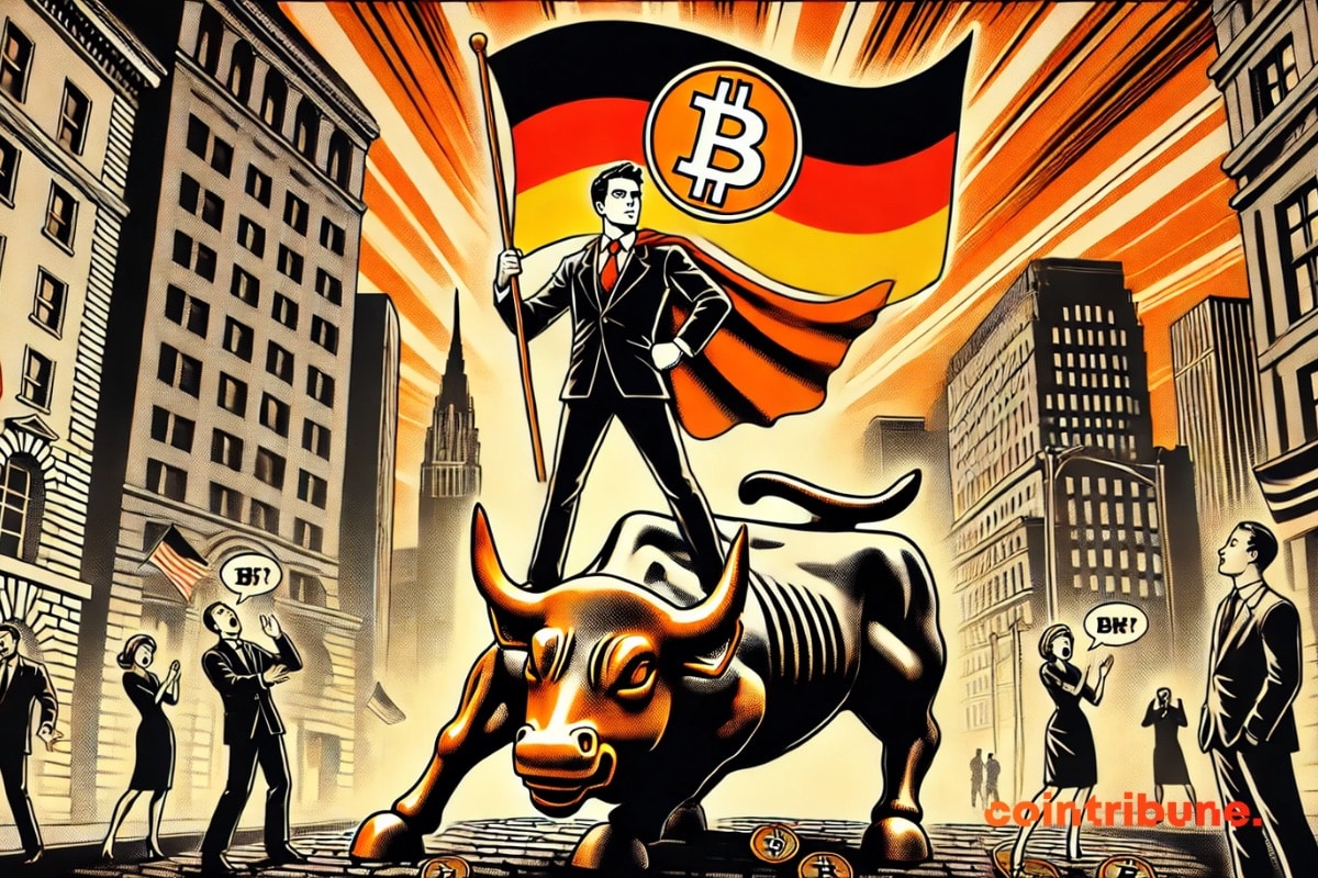 A Deutsche Bank representative with the German flag on Wall Street in the United States.