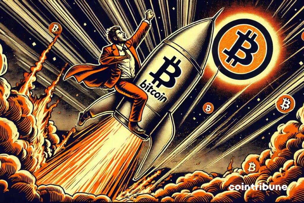 An investor on a rocket taking off, representing BlackRock's massive purchase that propels its Bitcoin ETF IBIT.