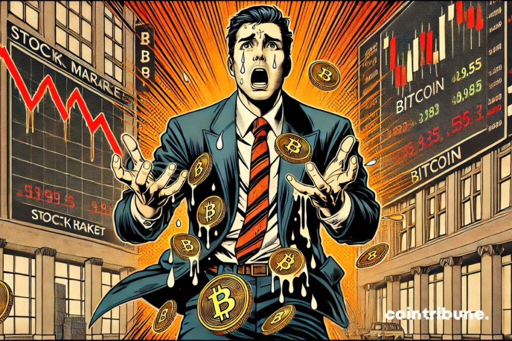 Un institucionalista observando el desplome de los mercados con el cripto bitcoin en la mano.