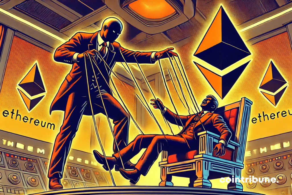 Illustration of a black silhouette, like a disarticulated puppet, and a new figure in orange grasping the threads of power.