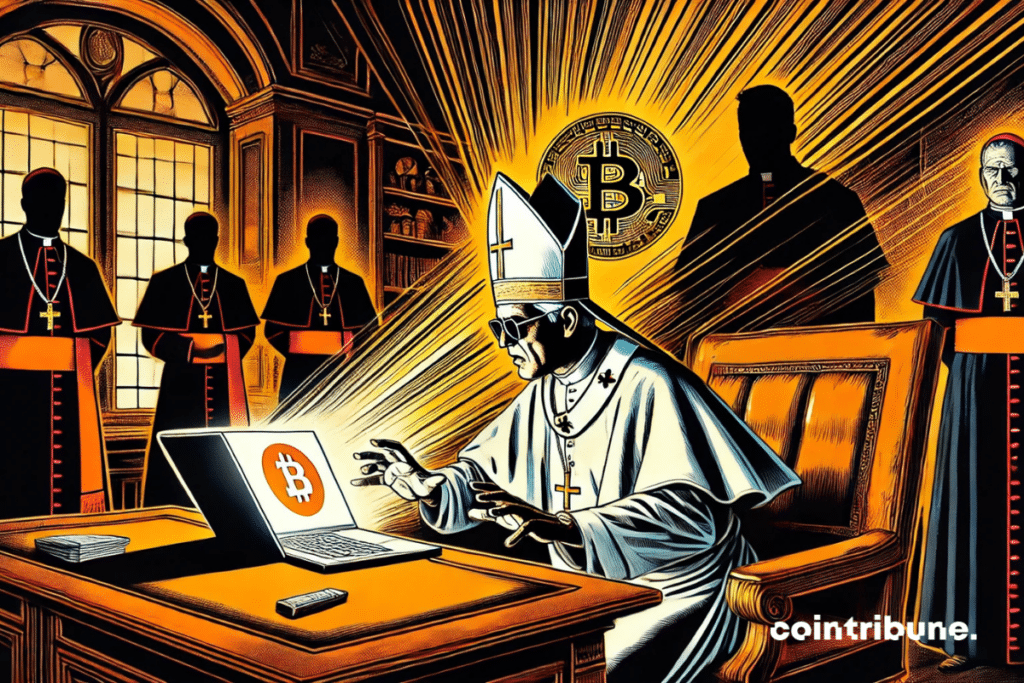 A stunned pope in front of a glowing crypto screen, watched in the shadows by cardinals.