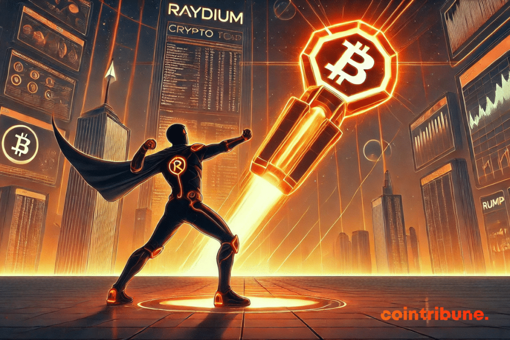 Illustration of Raydium in a futuristic scene, launching a brilliant crypto tool.