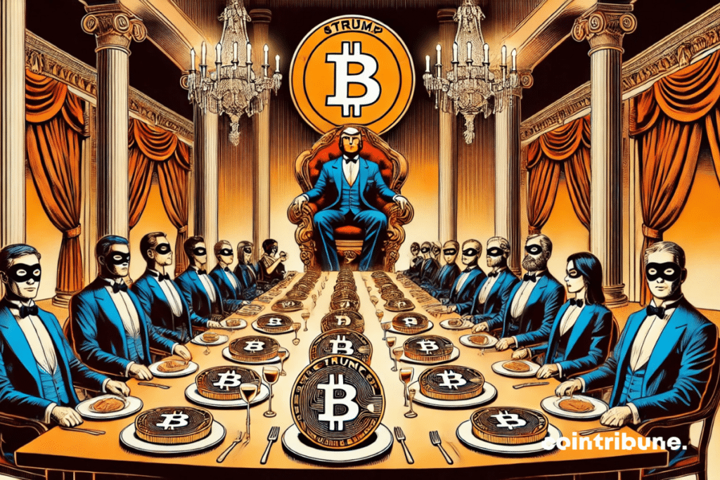 Illustration of a crypto dinner with Trump enthroned in the middle