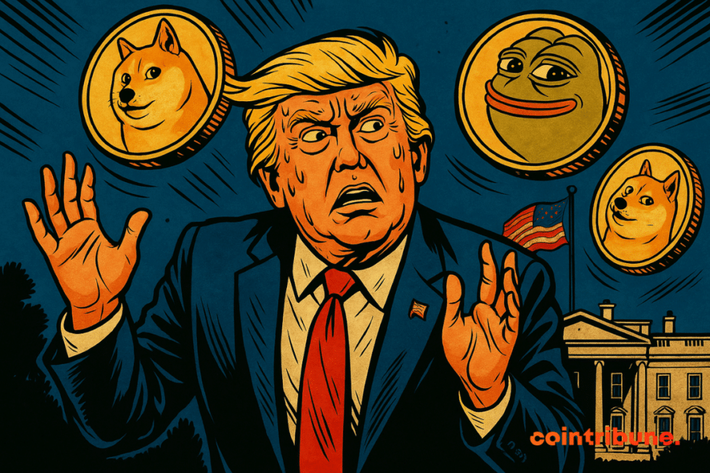 Illustration de Donald Trump sous pression, cerné par des memecoins emblématiques sous un ciel nocturne tendu.