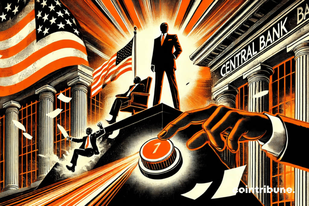 Illustration d'un président américain dominant qui appuie sur un bouton orange géant tandis que le président de la Réserve fédérale chute en arrière dans son fauteuil.