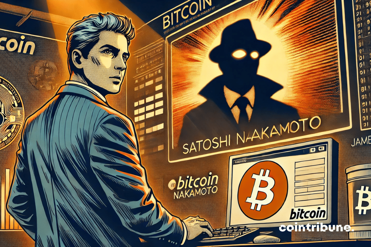Illustration of James Murphy investigating Satoshi Nakamoto.