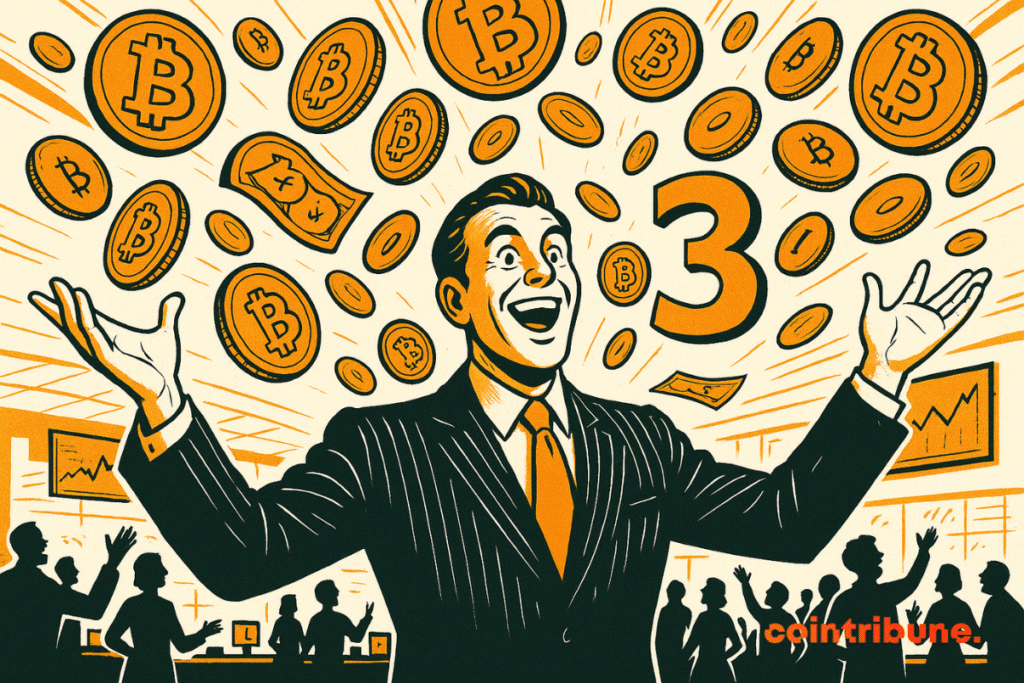 Un homme d’affaires souriant en costume célèbre, entouré de pièces de bitcoin et d’un grand chiffre 3.