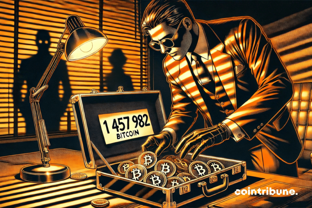 Em um escritório governamental obscuro, um agente americano de olhar aguçado examina uma maleta abarrotada de bitcoins. Sob a luz alaranjada de um abajur de mesa, o número 1.457.982 ₿ chama a atenção. Atrás dele, duas silhuetas perturbadoras aparecem no escuro, enquanto uma mão enluvada surge discretamente para fechar a maleta. A imagem dramática e tensa captura um momento de decisão estratégica no estilo de história em quadrinhos dos anos 1970.