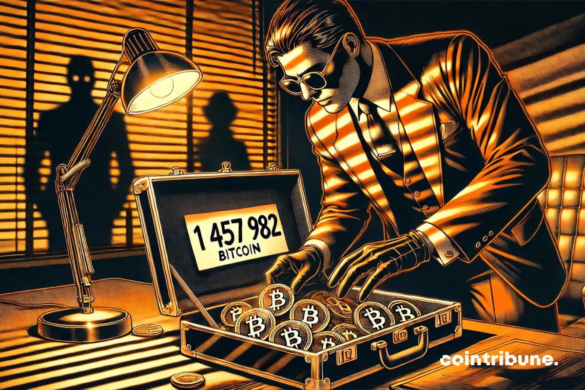 In a shadowy government office, a sharp-eyed American agent leans over a briefcase overflowing with bitcoins. Under the orange glow of a desk lamp, the number 1,457,982 ₿ catches the eye. Behind him, two ominous figures loom in the darkness, while a gloved hand discreetly reaches out to close the briefcase. The image, dramatic and tense, captures a moment of strategic decision in the style of a 1970s comic book.