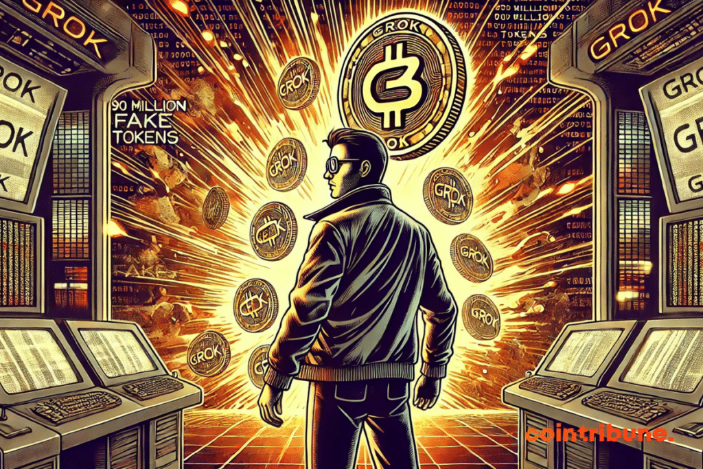Illustration de CZ assistant à une explosion de fausses cryptos Grok
