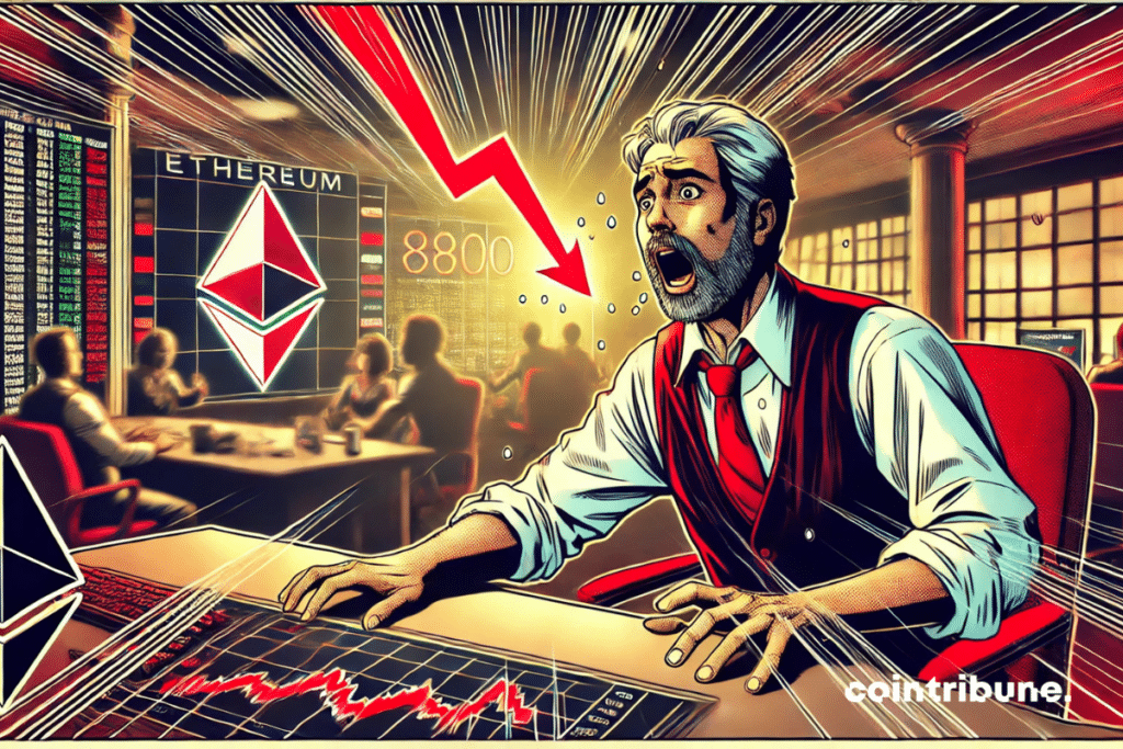 Illustration of a panicked trader staring at a glowing screen showing the Ethereum logo crashing.